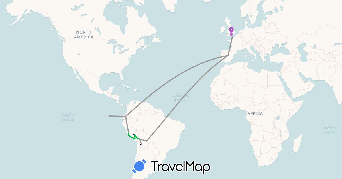 TravelMap itinerary: driving, bus, plane, train in Bolivia, Ecuador, Spain, United Kingdom, Peru (Europe, South America)
